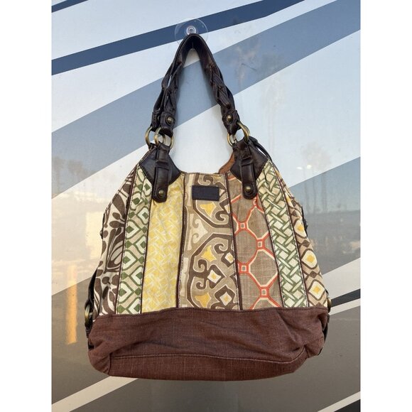 FOSSIL vintage patchwork shoulder bag leather braided handles boho hippie w/key - Picture 1 of 15
